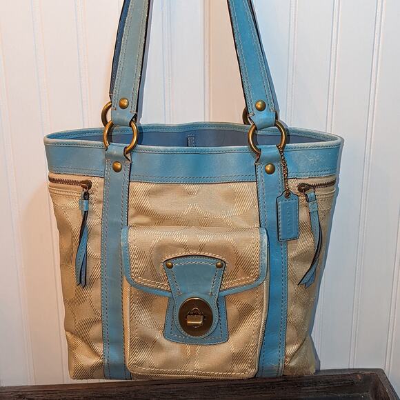 Coach Women's Vintage Gigi Legacy Signature Blue Leather Trim Shoulder Tote Bag